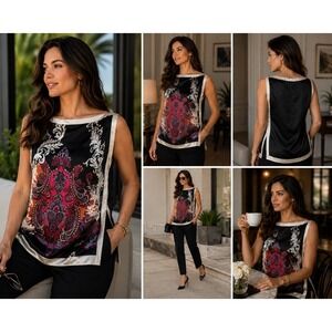 Bebe Womens Silk Scarf Print Sleeveless Top Black Pink Paisley Boat Neck M Chic